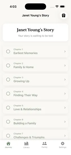 A storyteller's chapter list in Echoes: Earliest Memories, Family and Home, Growing Up, and on through Wisdom and Legacy