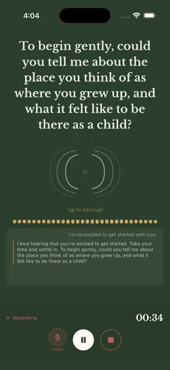 The Echoes interviewer mid-recording, asking: to begin gently, could you tell me about the place you think of as where you grew up?